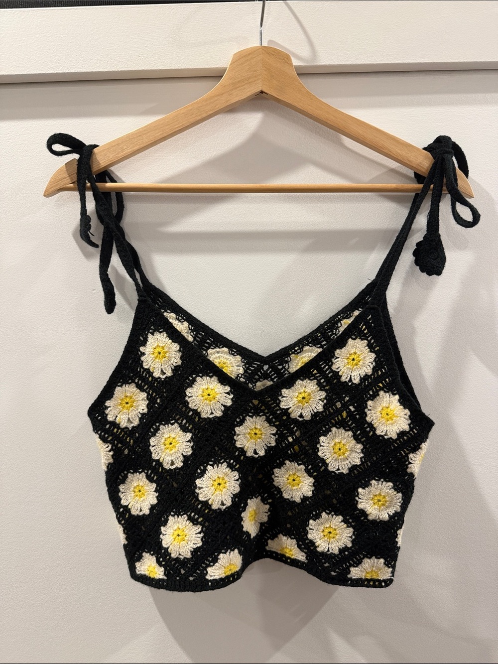 Black Crochet Daisy Tie-Shoulder Crop Top